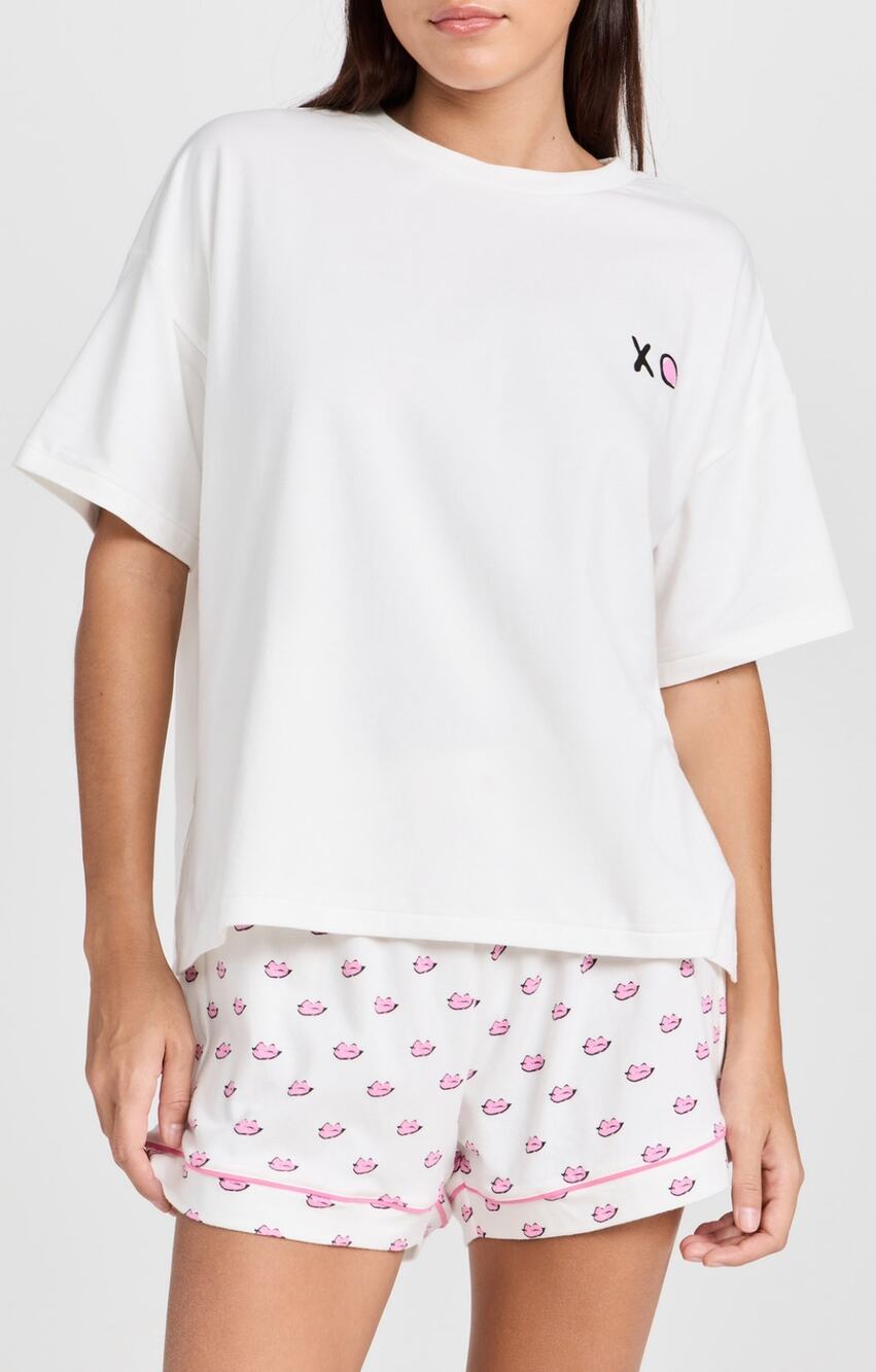 Kerri Rosenthal Veronica Pajama Set Shorts Tee Shirt Top Le Kiss White Pink M